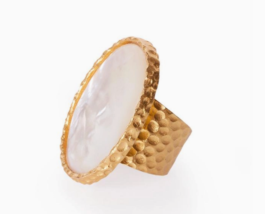 side view large oval stone set in an 18K gold plate over hypoallergenic and nickel-free brass.