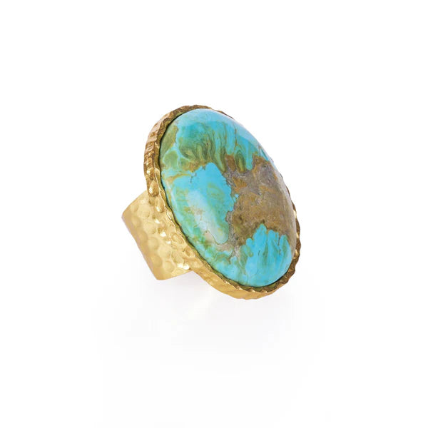 close up Arizona Kingman Turquoise ring 18k Gold Plated Over Brass