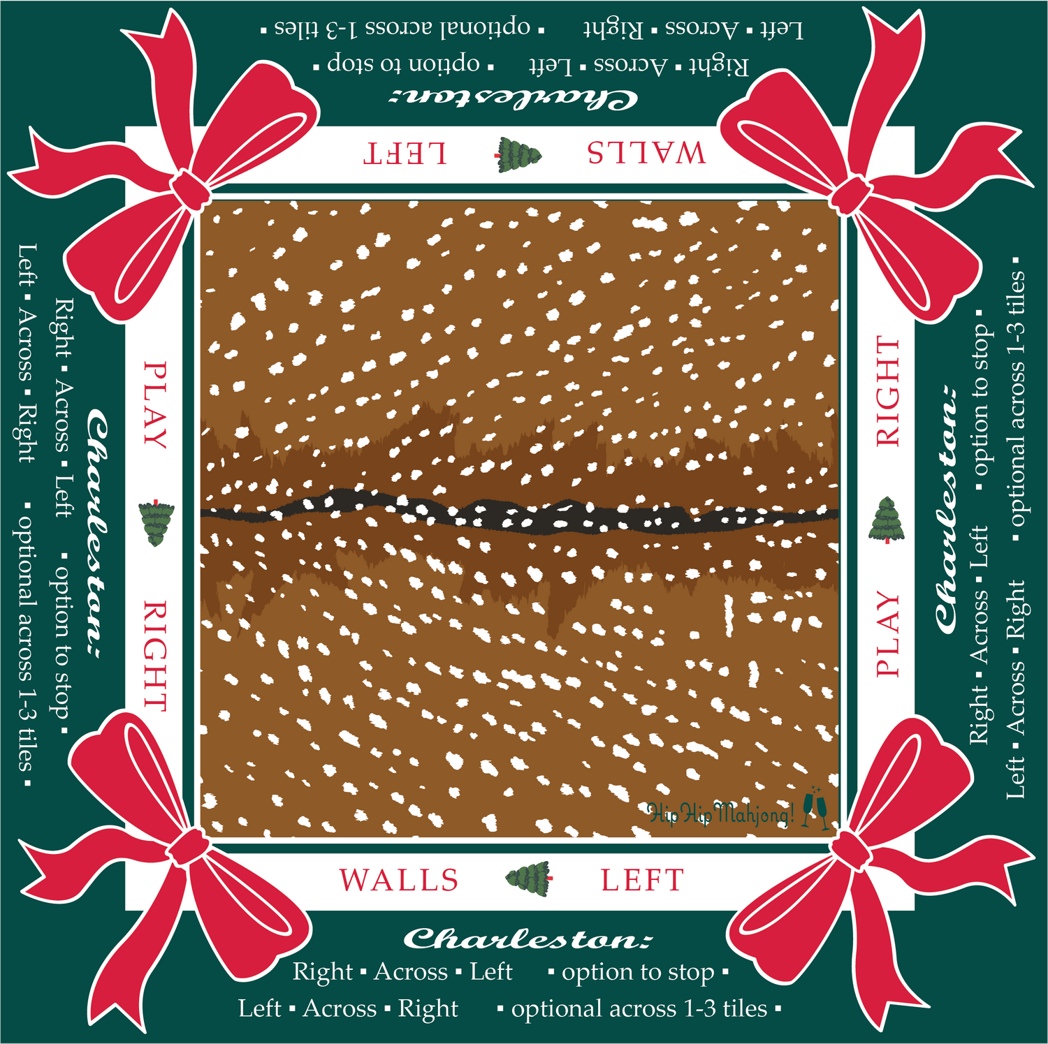 Hip Hip Mahjong uniquely designed  festive mahjong mat is a limited holiday edition featuring a fawn print with a winter green border and Rudolph red bows